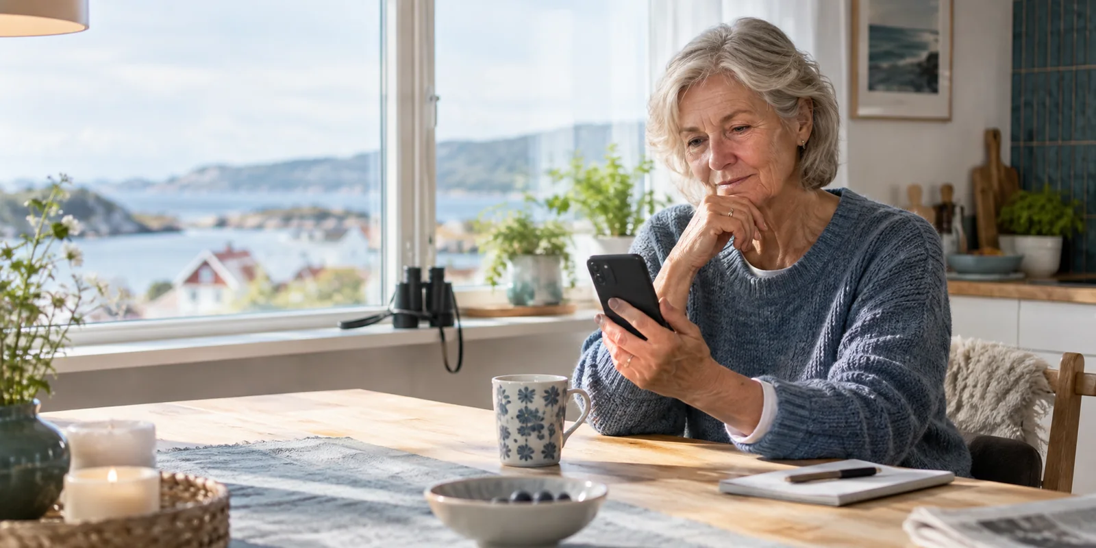 En kvinne som rolig undersøker en uventet melding på mobiltelefonen hjemme