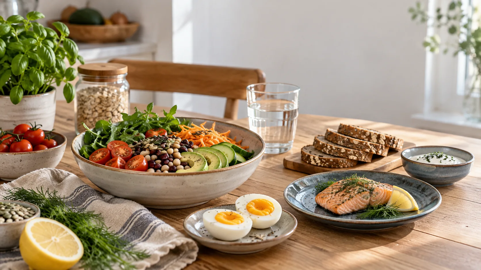 En enkel og variert matservering med grønnsaker, bønner, grovt brød, egg, fisk og vann på et lyst kjøkkenbord