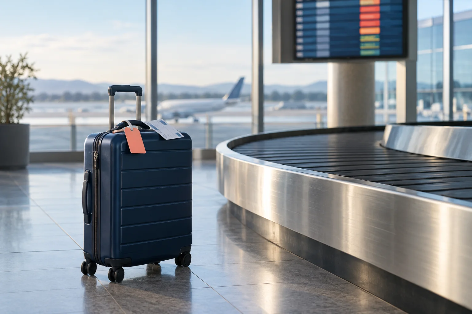 Koffert ved et tomt bagasjebånd på en flyplass