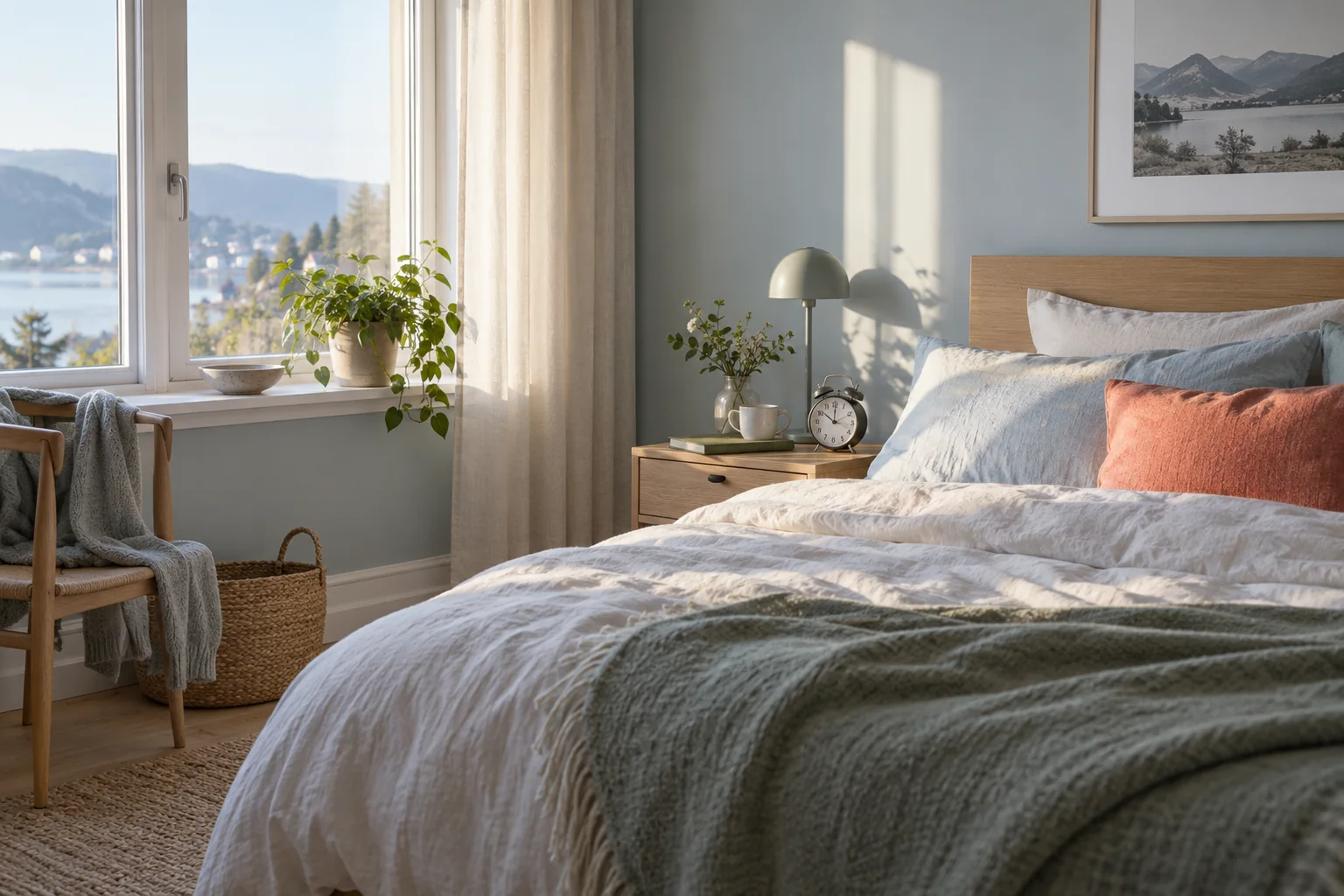 Lyst og rolig soverom i mykt morgenlys med analog vekkerklokke og en lukket bok