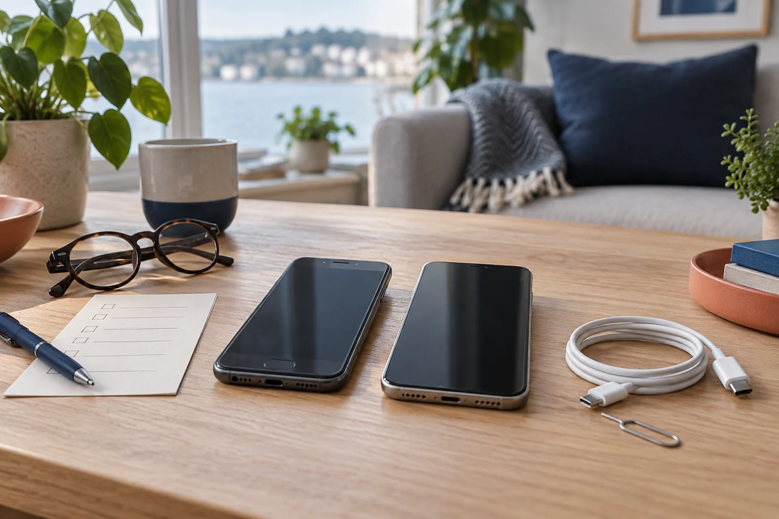 To mobiltelefoner, ladekabel, briller og sjekkliste på et lyst bord