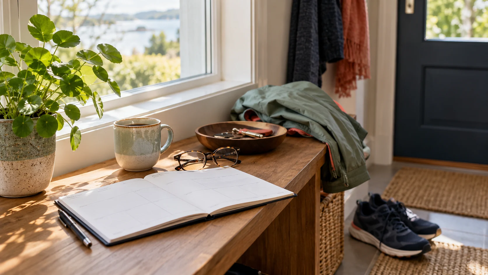 Åpen ukeplan, kaffekopp, briller, turjakke og sko ved en lys entré