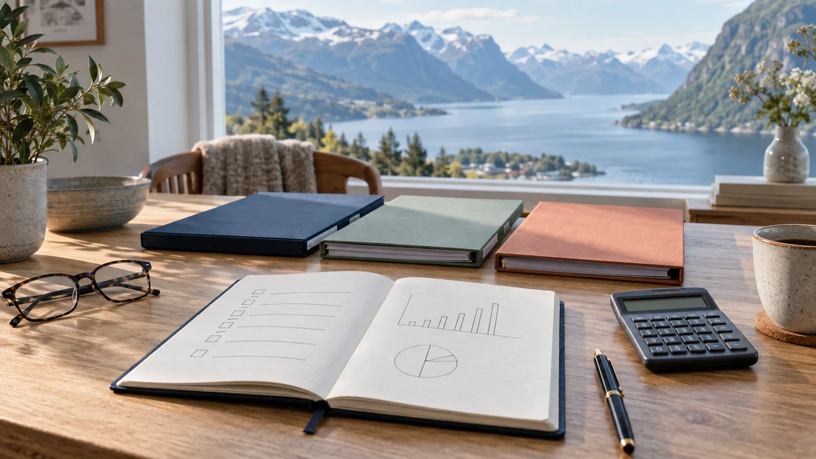 Notatbok med sjekkliste, kalkulator og dokumentmapper på et bord med utsikt mot en norsk fjord