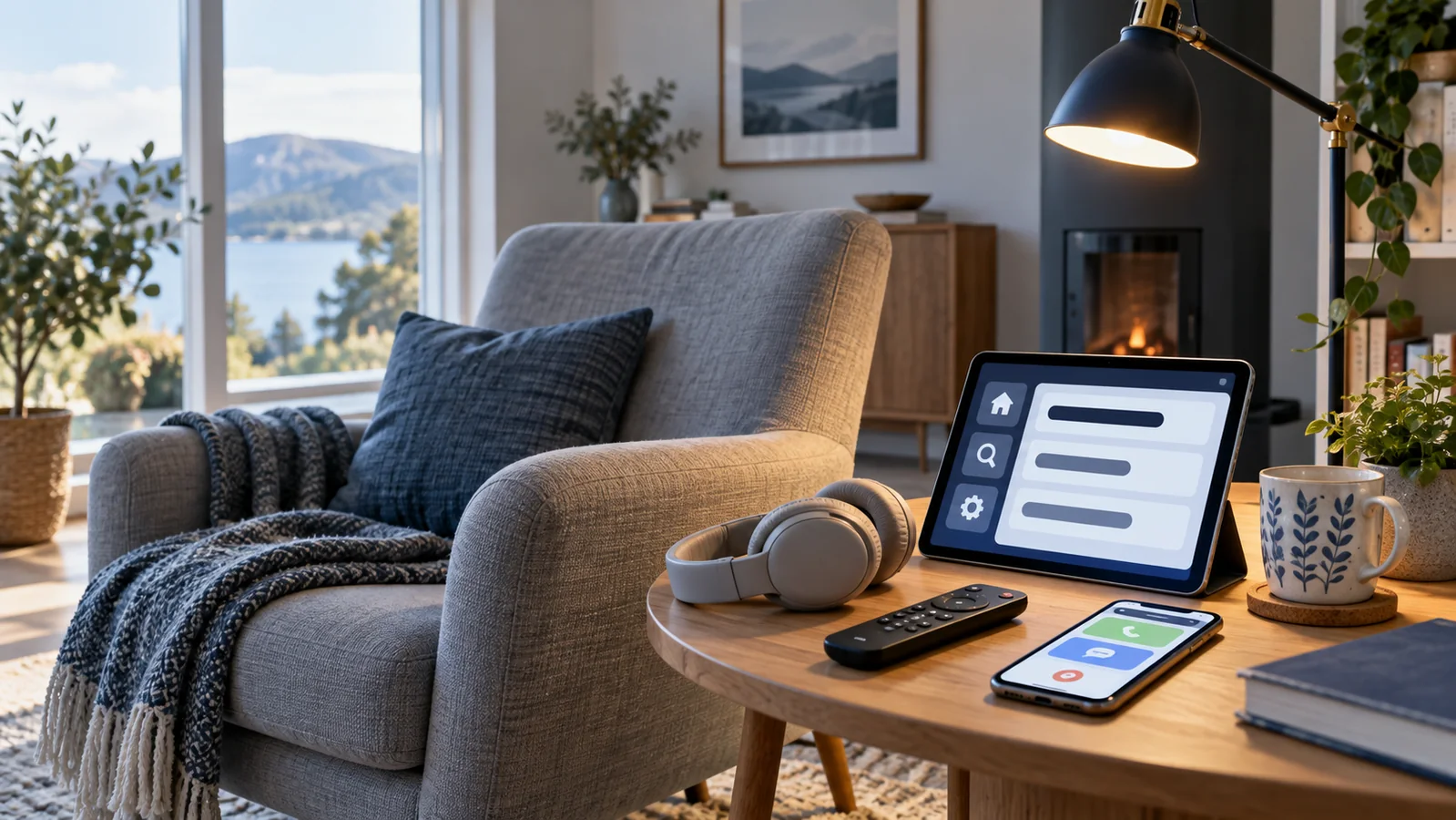 Lys lesekrok med justerbar lampe, nettbrett med stor og tydelig visning, hodetelefoner, fjernkontroll og mobiltelefon